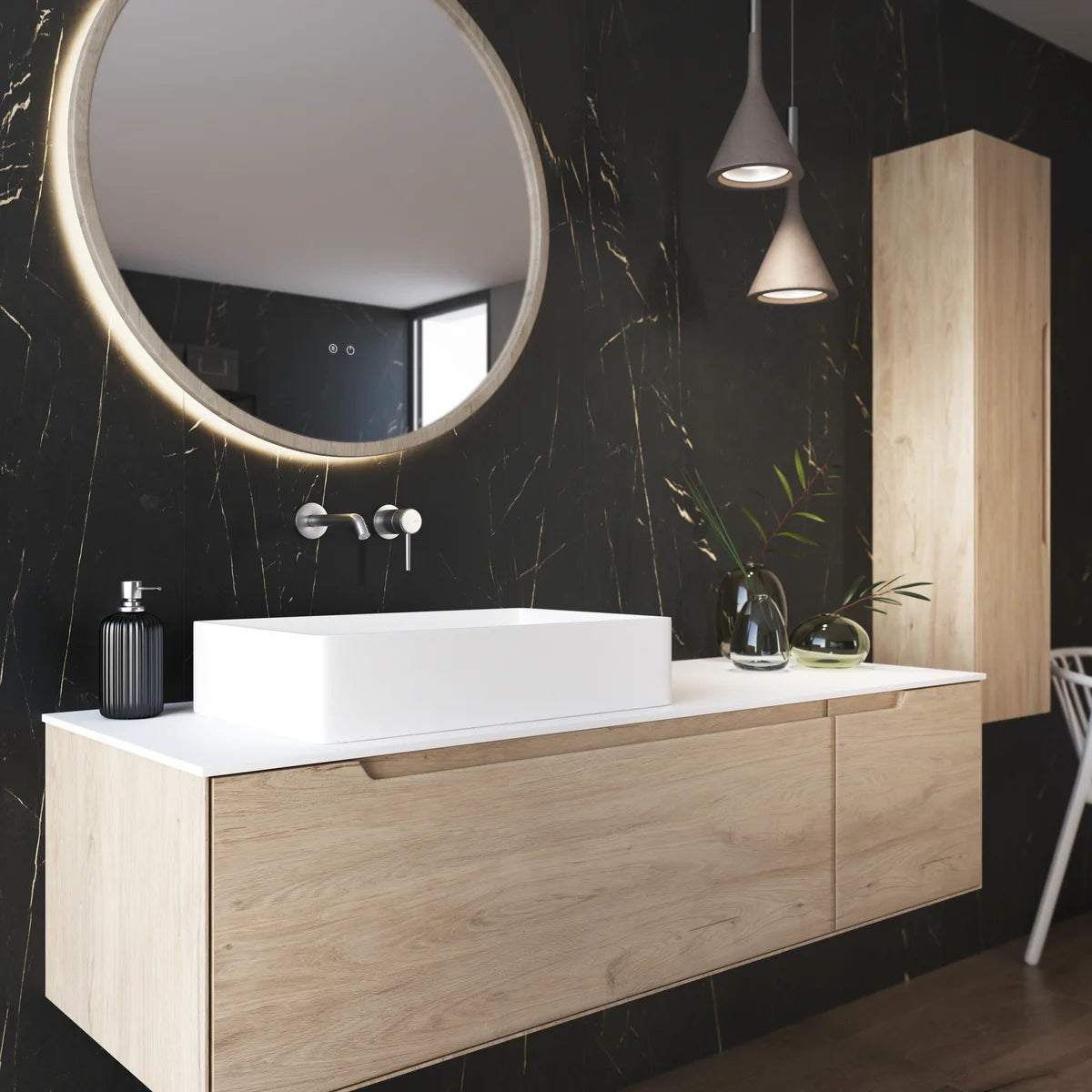 Grifo de lavabo empotrado en pared Stillo Hades conjunto monomando color Negro mate.