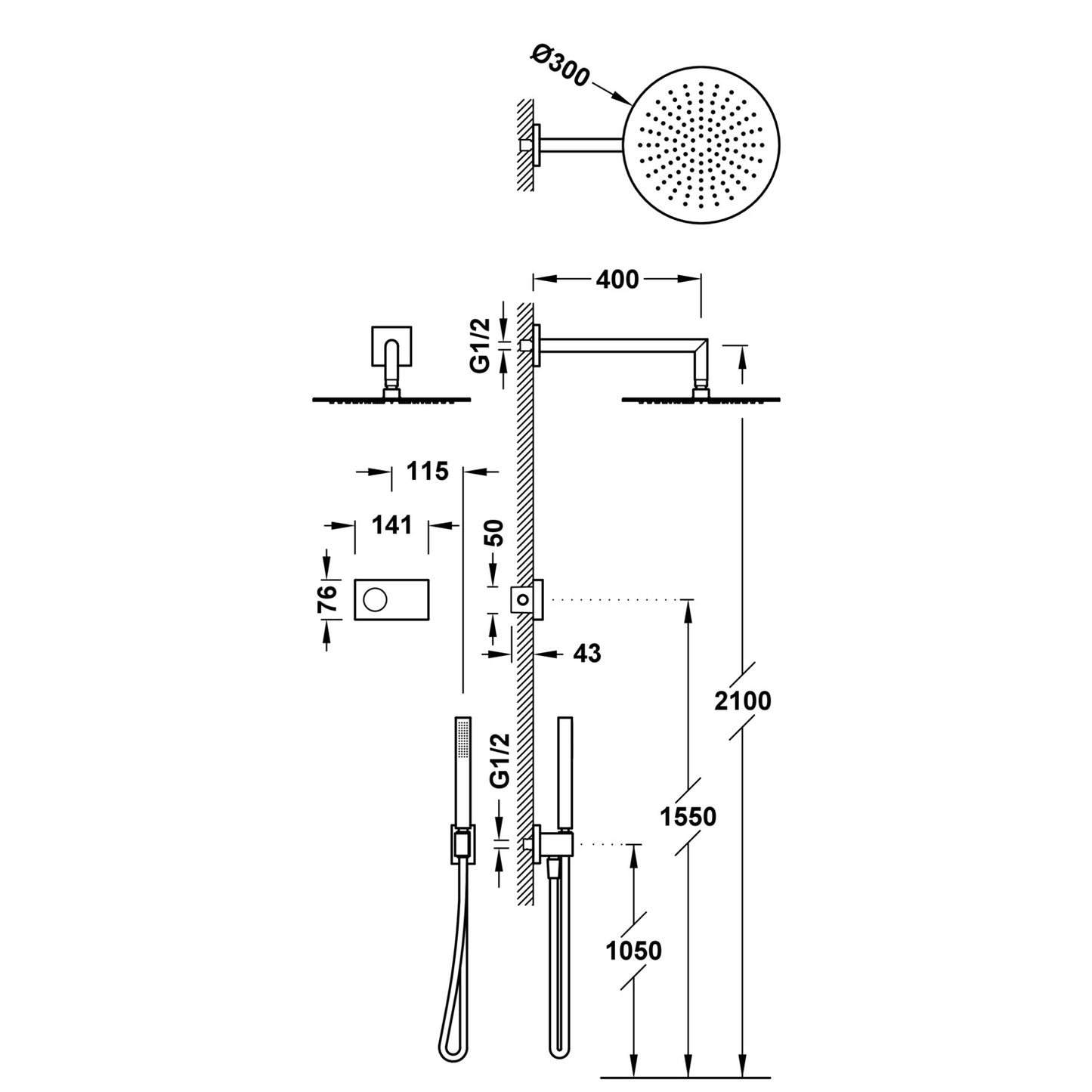 Conjunto ducha electrónica empotrada termostático Tres Shower Technology Exclusive Negro mate rociador mural 2 vías Ø300mm