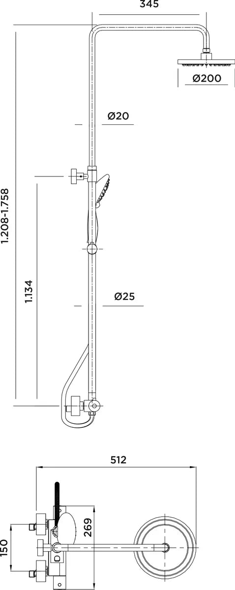 Columna de grifería para ducha termostático Stillo Capri negro rociador mural 2 vías Ø200mm