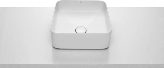 Lavabo cuadrado Roca Inspira Square 370x370mm sobre encimera blanco sin orificios