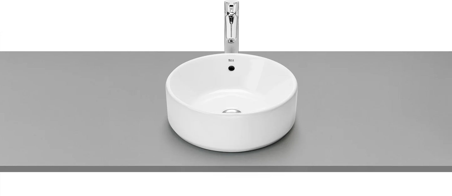 Lavabo redondo Roca The Gap Round Ø390mm sobre encimera con rebosadero blanco seno centrado